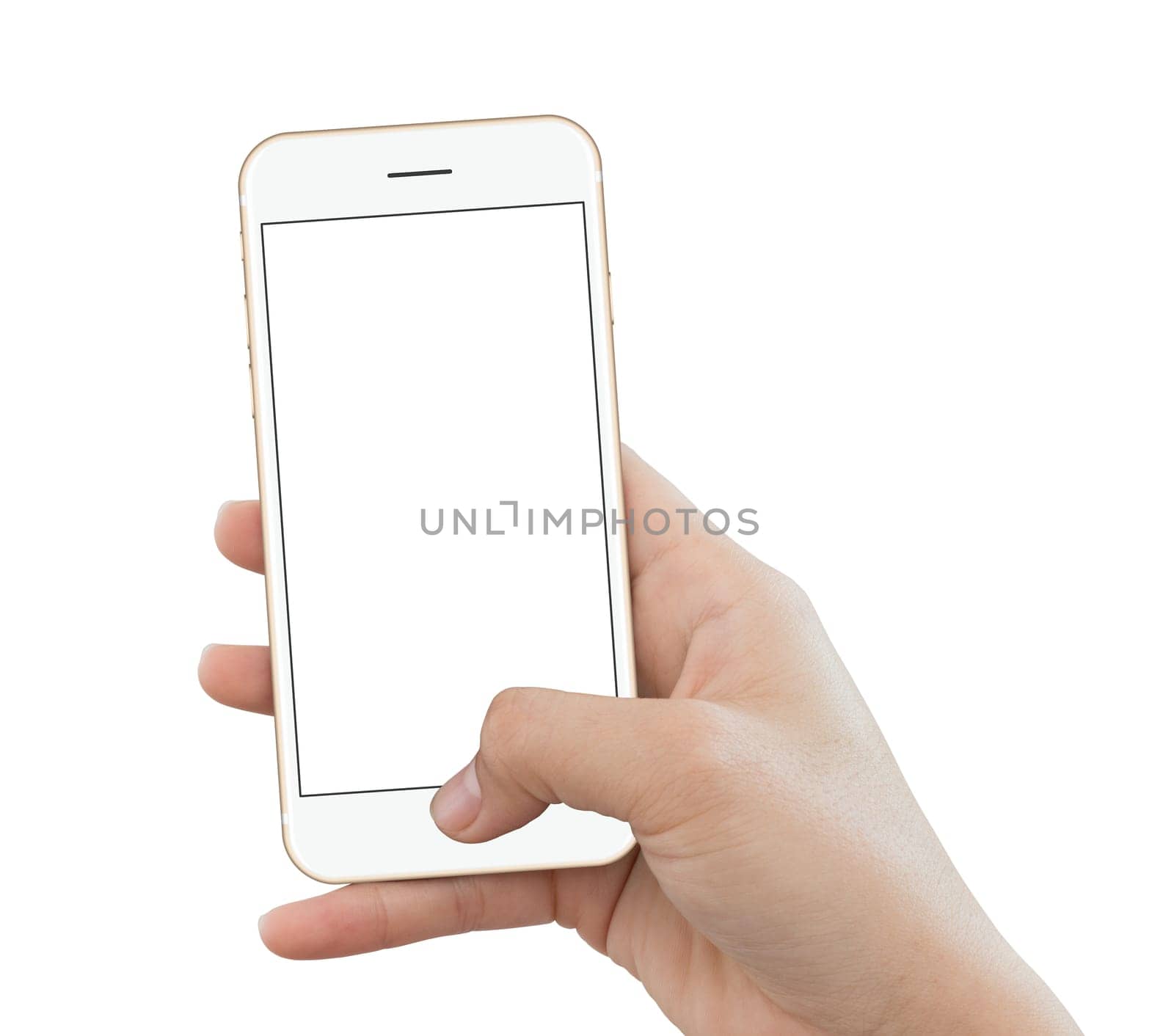 closeup hand use phone gold color isolated on white background, mock up phone white screen for add app screen