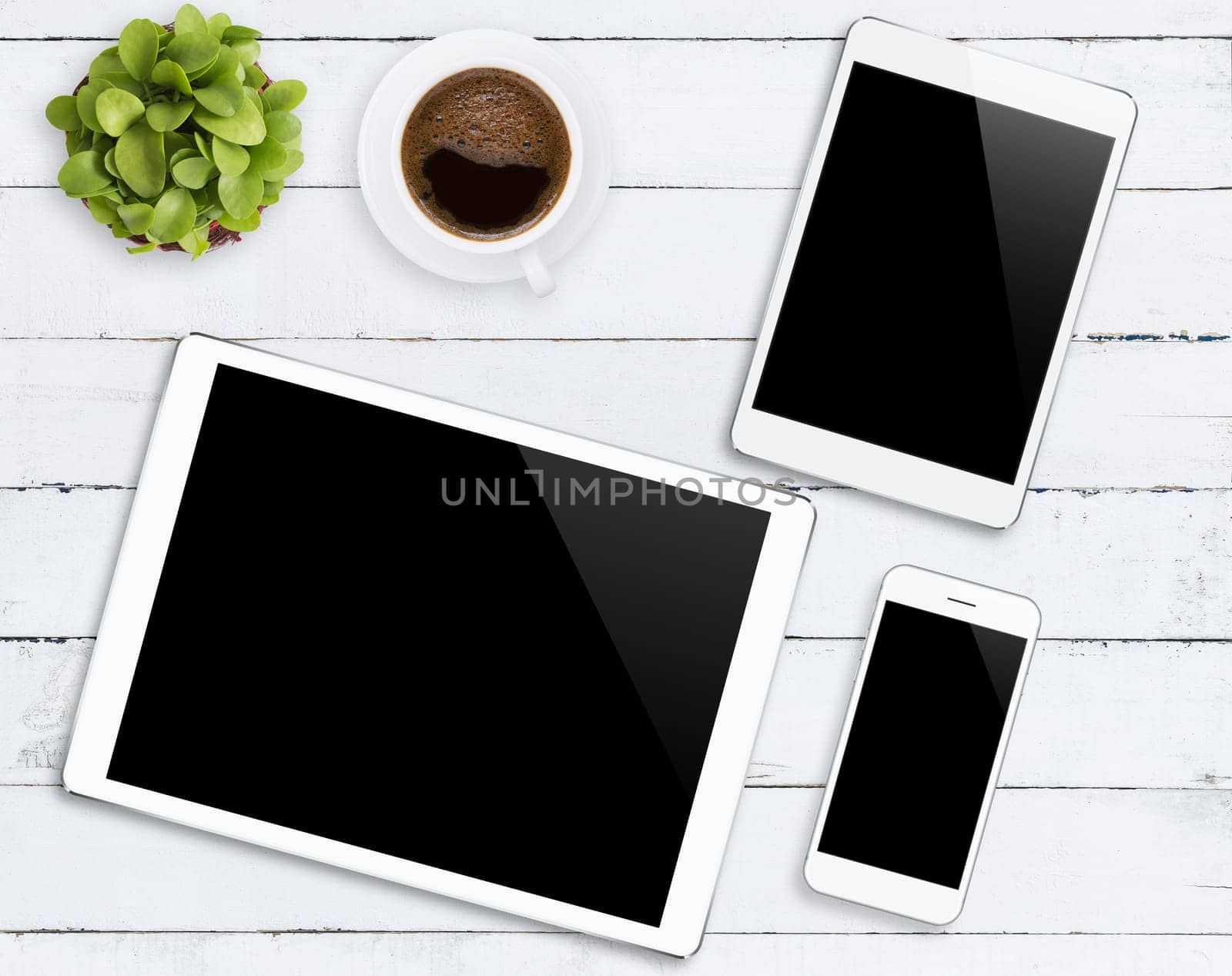 communicator device phone and tablet white color tone on wood table, mockup modern phone and digital tablet