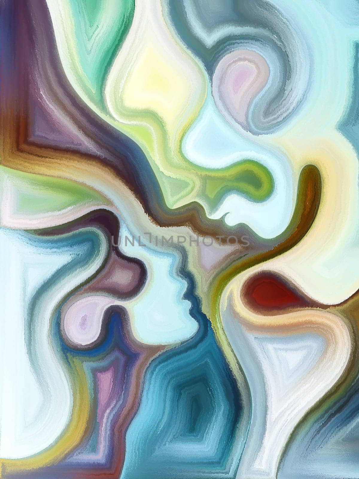 Inner Dialog series. Backdrop composed of human profiles and vivid paint shapes and suitable for use in the projects on emotions, relationships, human drama, spirituality and design