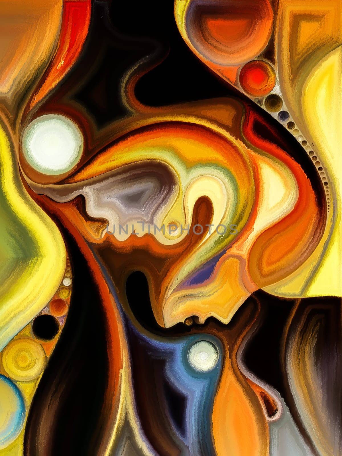 Inner Dialog series. Backdrop composed of human profiles and vivid paint shapes and suitable for use in the projects on emotions, relationships, human drama, spirituality and design