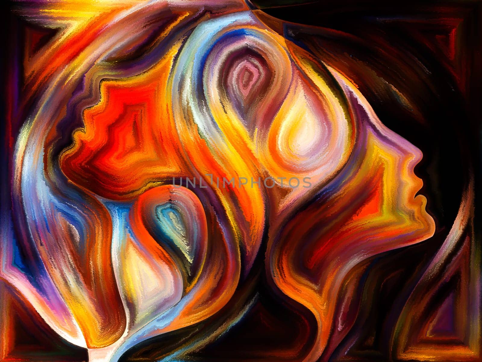 Inner Dialog series. Graphic composition of human profiles and vivid paint shapes  for subject of emotions, relationships, human drama, spirituality and design