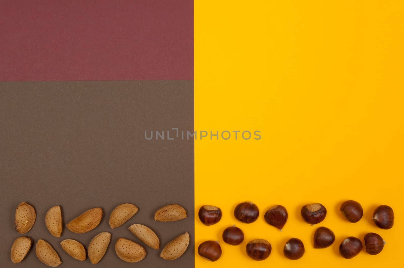 In shell raw nuts in row isolated on an orange brown claret split background