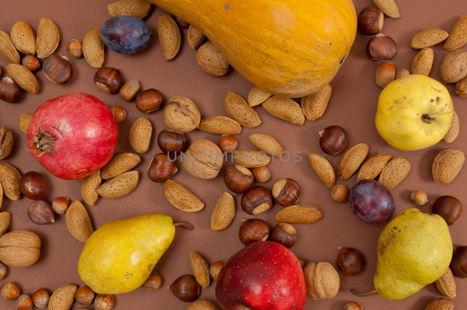 Organic autumn fruits and in shell nuts on dark brown background