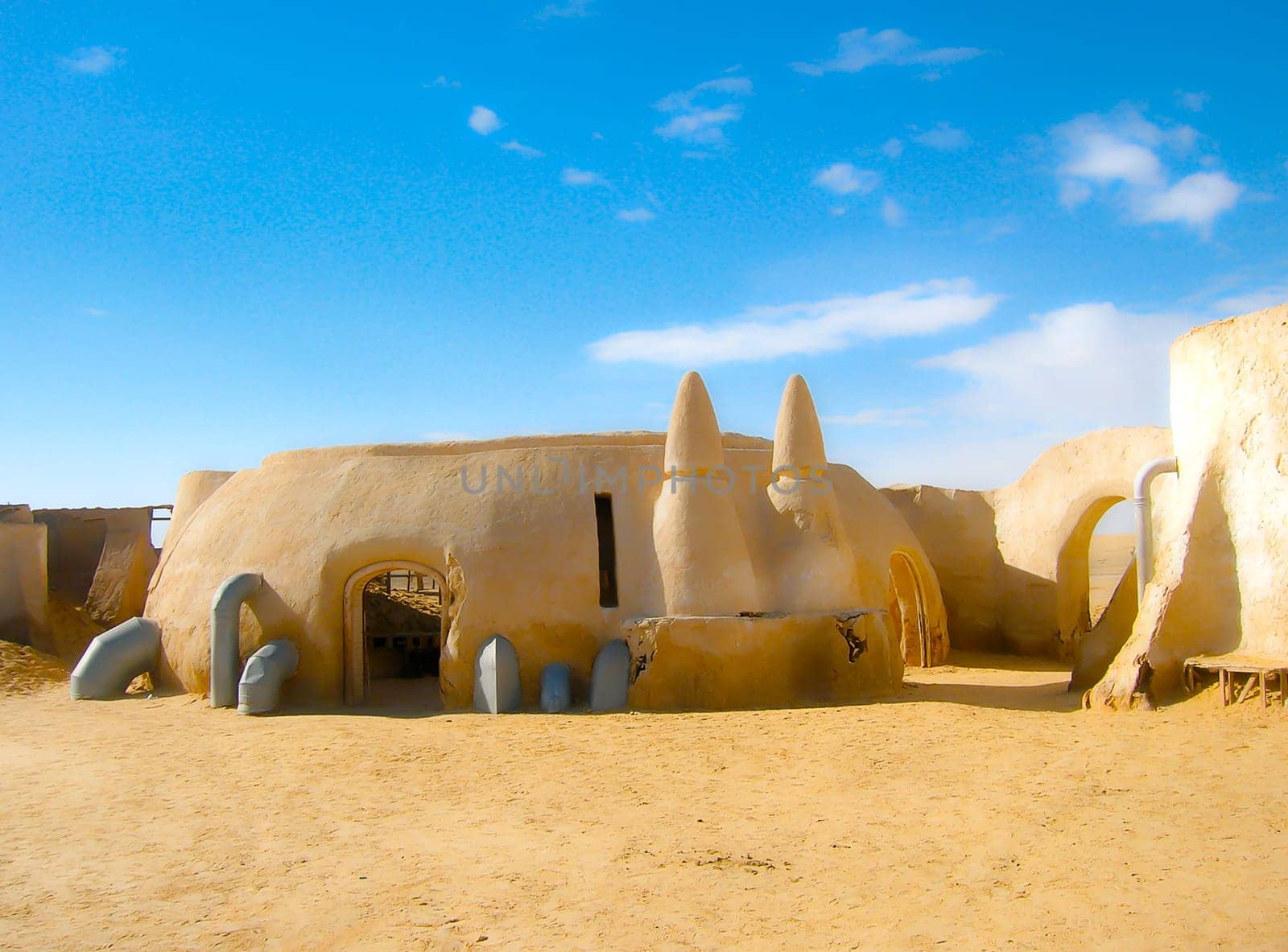 Sahara, Tunisia - January 03, 2008: Abandoned sets for the shooting of the movie Star Wars in the Sahara desert on a background of sand dunes in Sahara, Tunisia
