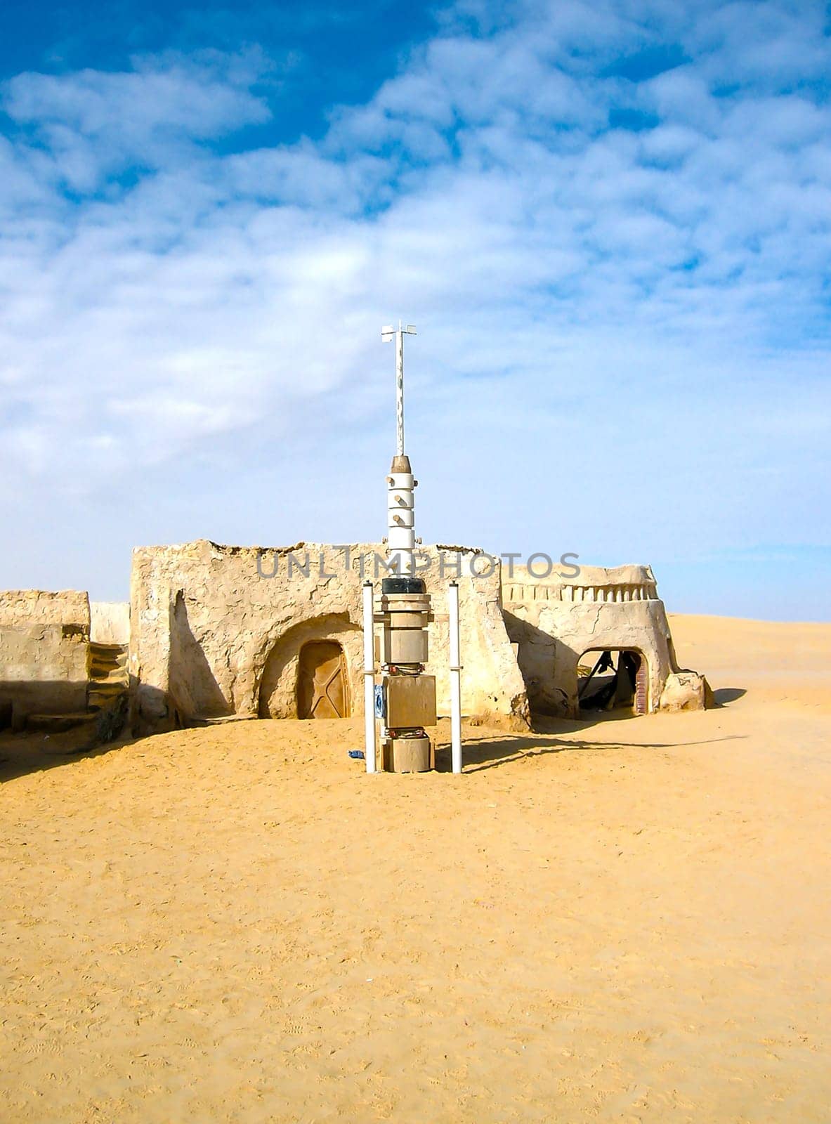 Sahara, Tunisia - January 03, 2008: Abandoned sets for the shooting of the movie Star Wars in the Sahara desert on a background of sand dunes in Sahara, Tunisia