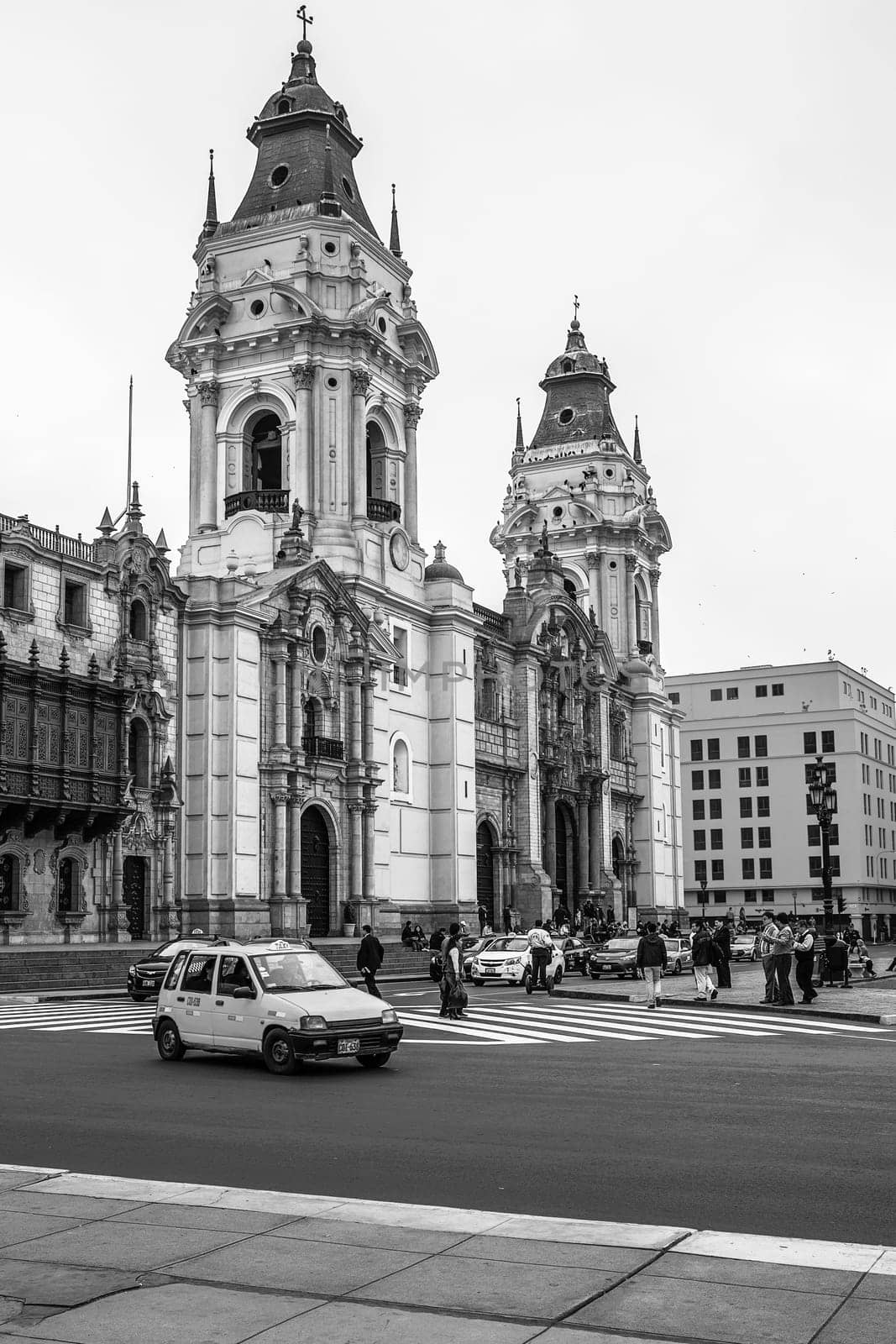 City Life in Front of The Basilica Cathedral at the Plaza Mayor in Lima, Peru.