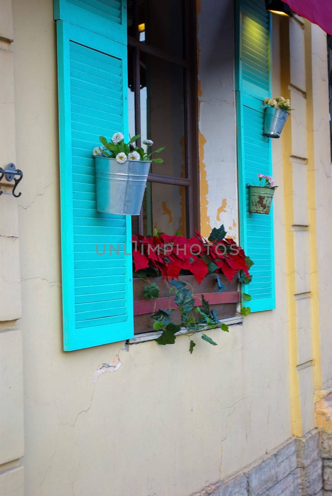 a white wooden facade with blue shutters and flowers