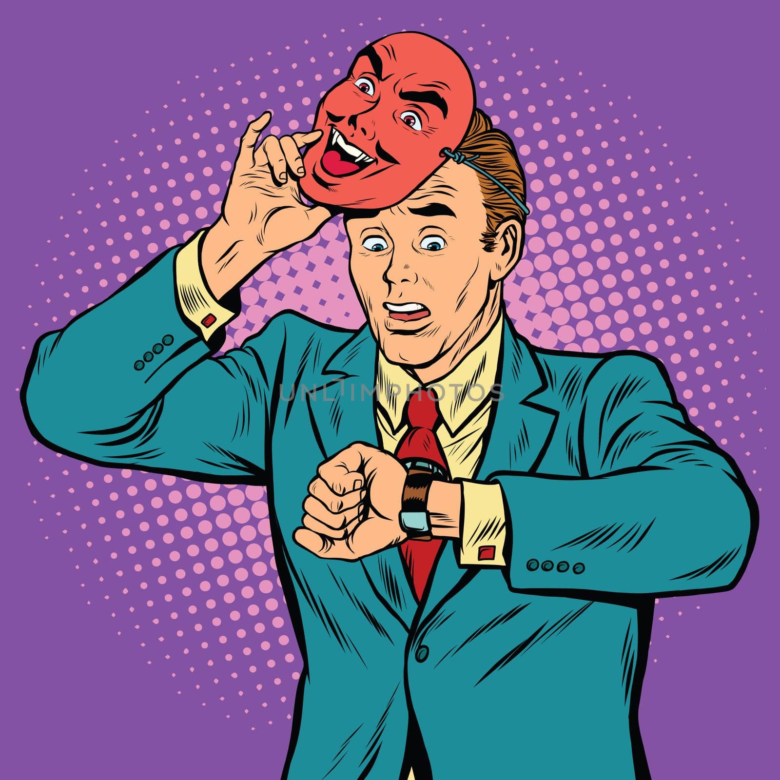 Businessman looking at his watch, time concept, pop art retro vector illustration. Mask the face of the devil