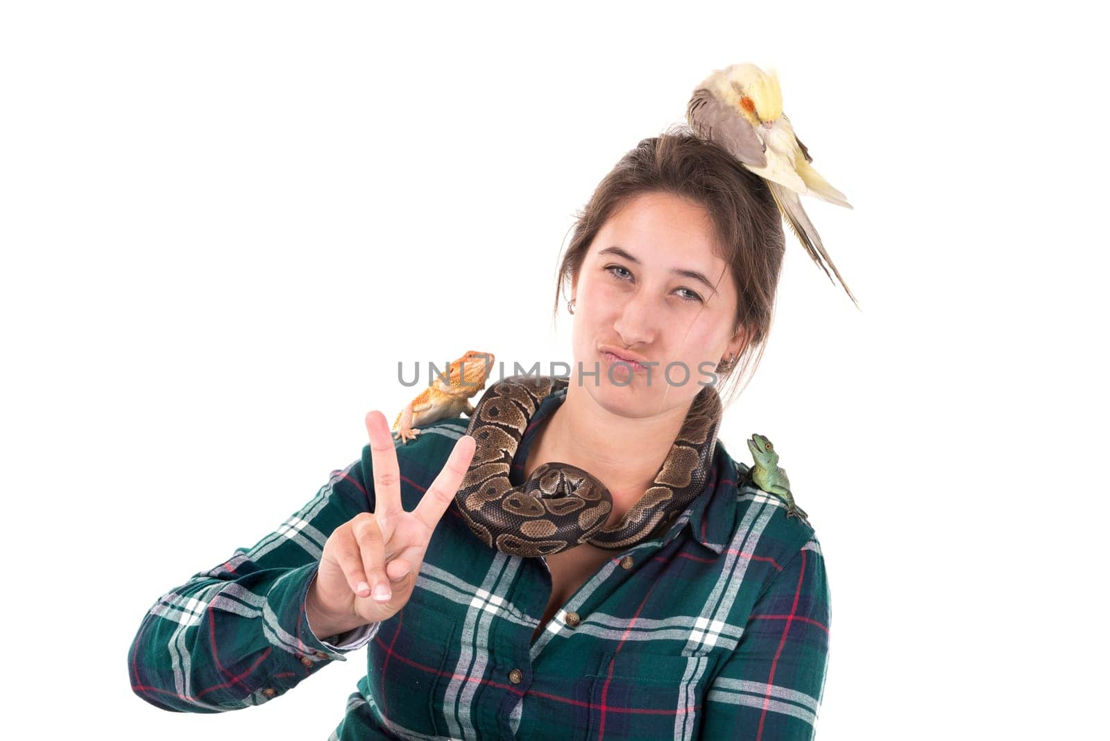 Girl with several pet animals isolated in white