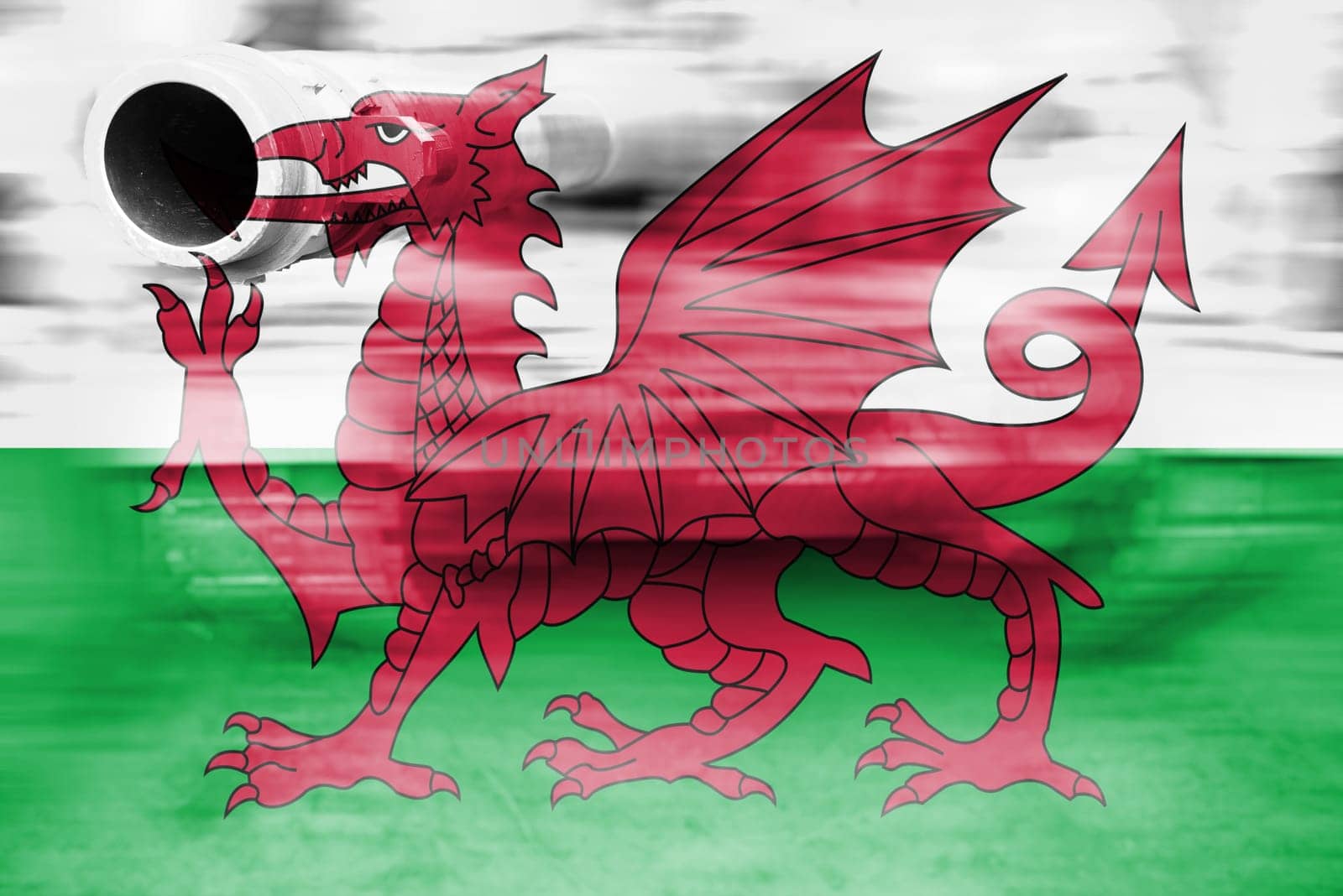 military strength theme,motion blur tank with wales flag