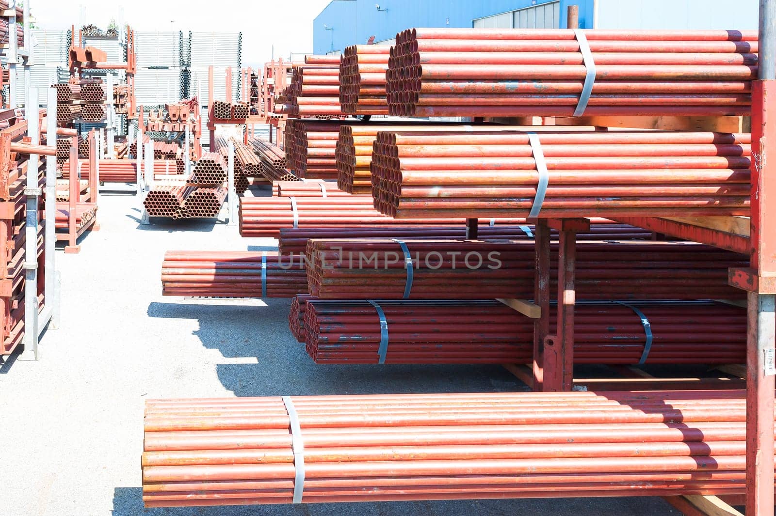 Steel Pipes bunch on the rack in warehouse