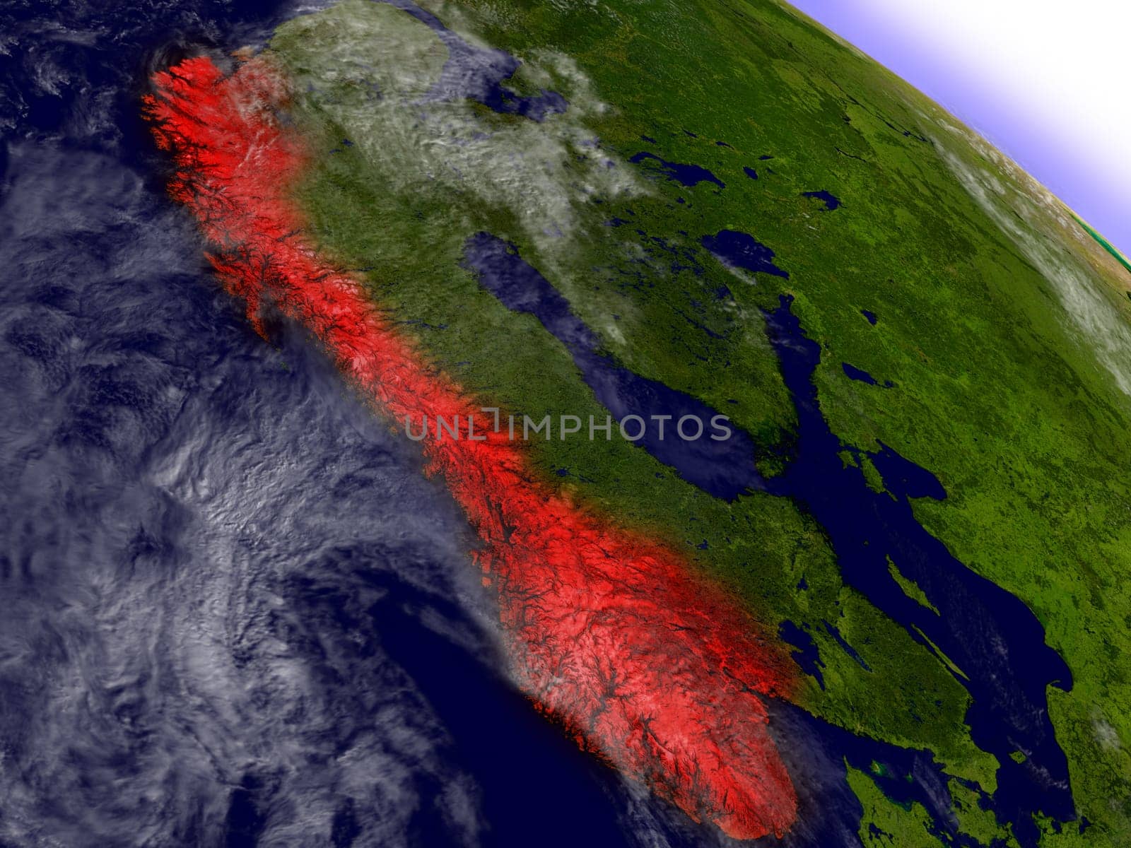 Norway highlighted in red as seen from Earth's orbit in space. 3D illustration with highly detailed planet surface. Elements of this image furnished by NASA.