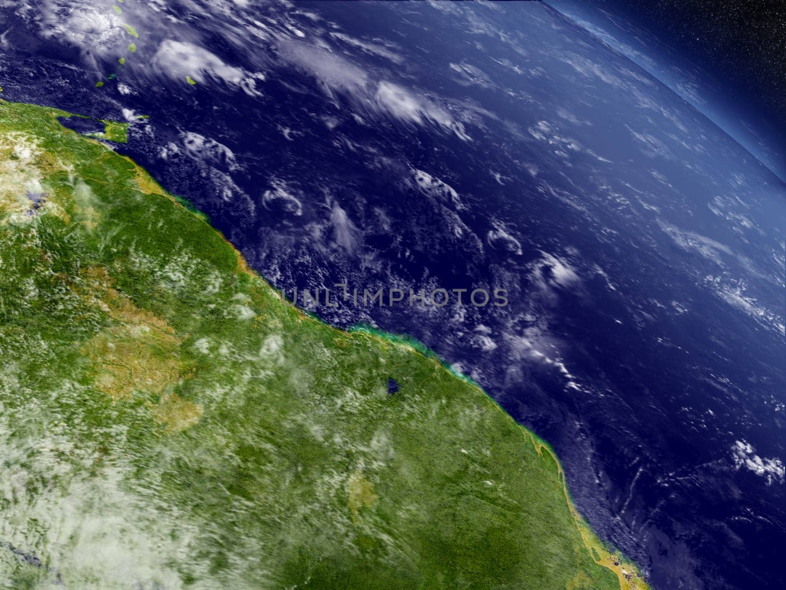 Guynea, Suriname with surrounding region as seen from Earth's orbit in space. 3D illustration with detailed planet surface and clouds in the atmosphere. Elements of this image furnished by NASA.