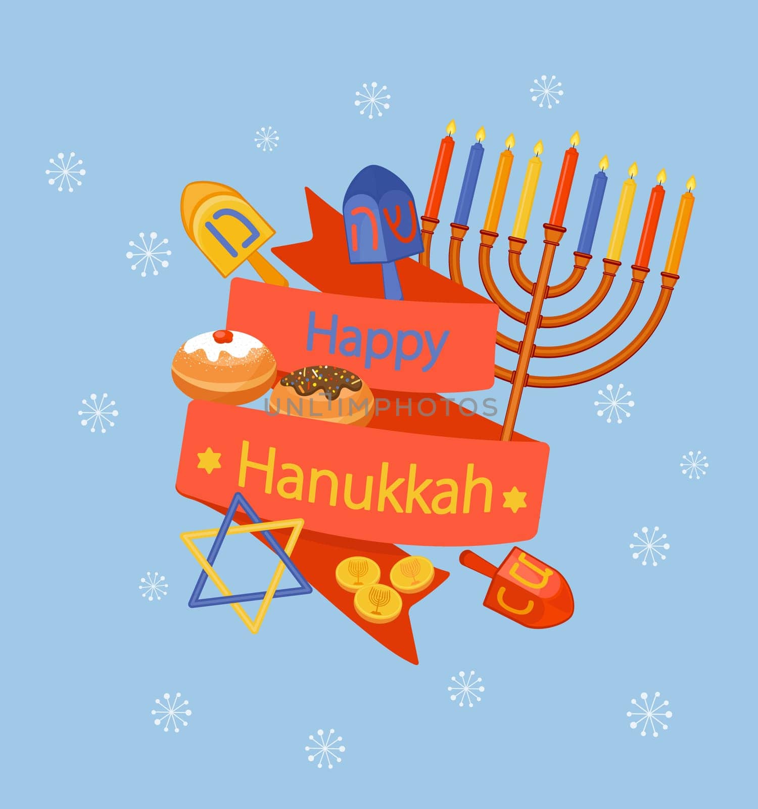 Happy Hanukkah greeting card design. Vector illustration.