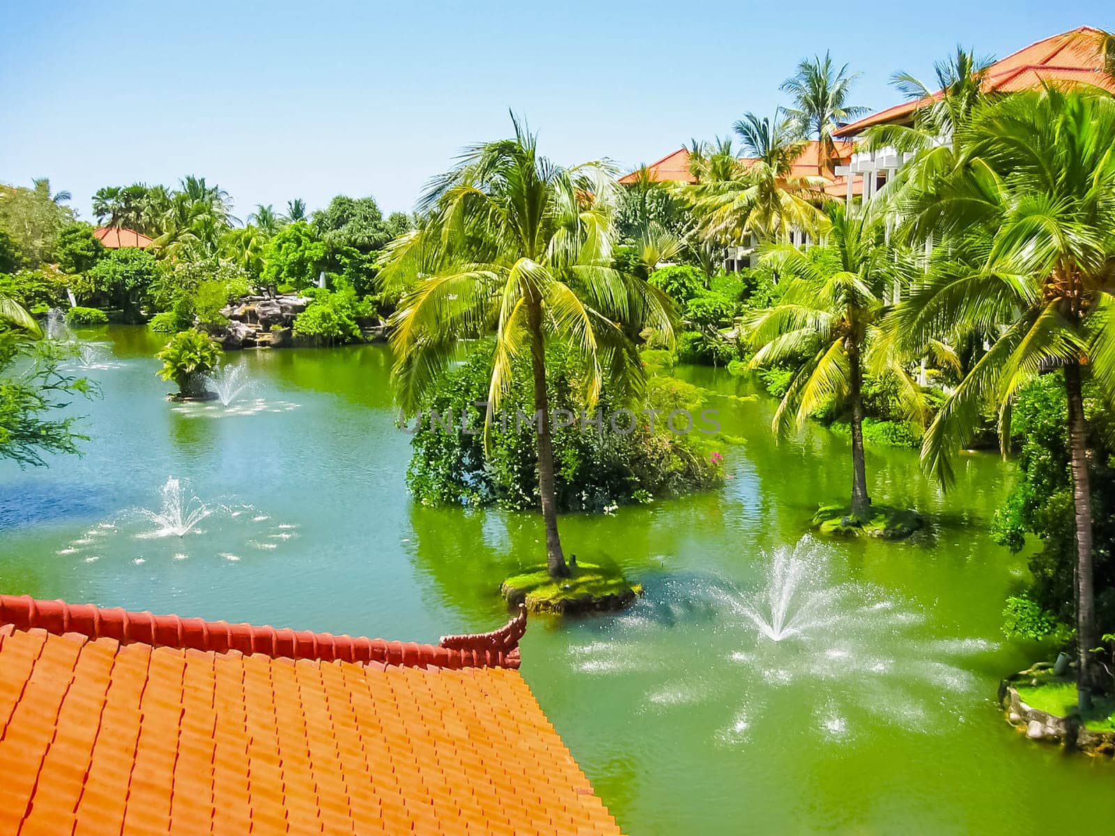 Bali, Indonesia - April 09, 2012: The Lagoon and park in Ayodya Resort Bali at Nusa Dua, Bali, Indonesia