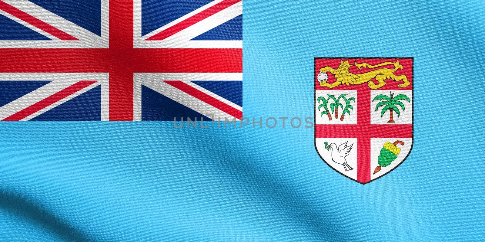 Fijian national official flag. Patriotic symbol, banner, element, background. Accurate dimensions. Correct size, colors. Flag of Fiji waving in the wind with detailed fabric texture