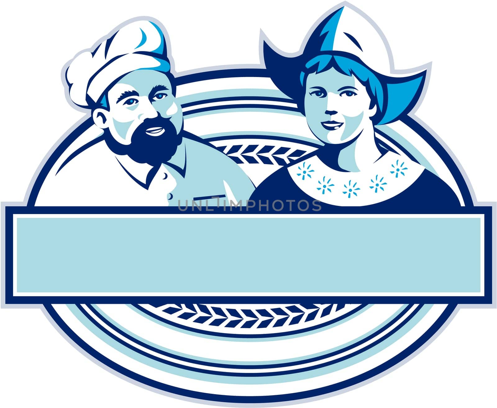 Illustration of a baker and Dutch lady wearing traditional dutch cap or dutch bonnet that resemble a nurse's hat set inside oval shape with banner done in retro style.