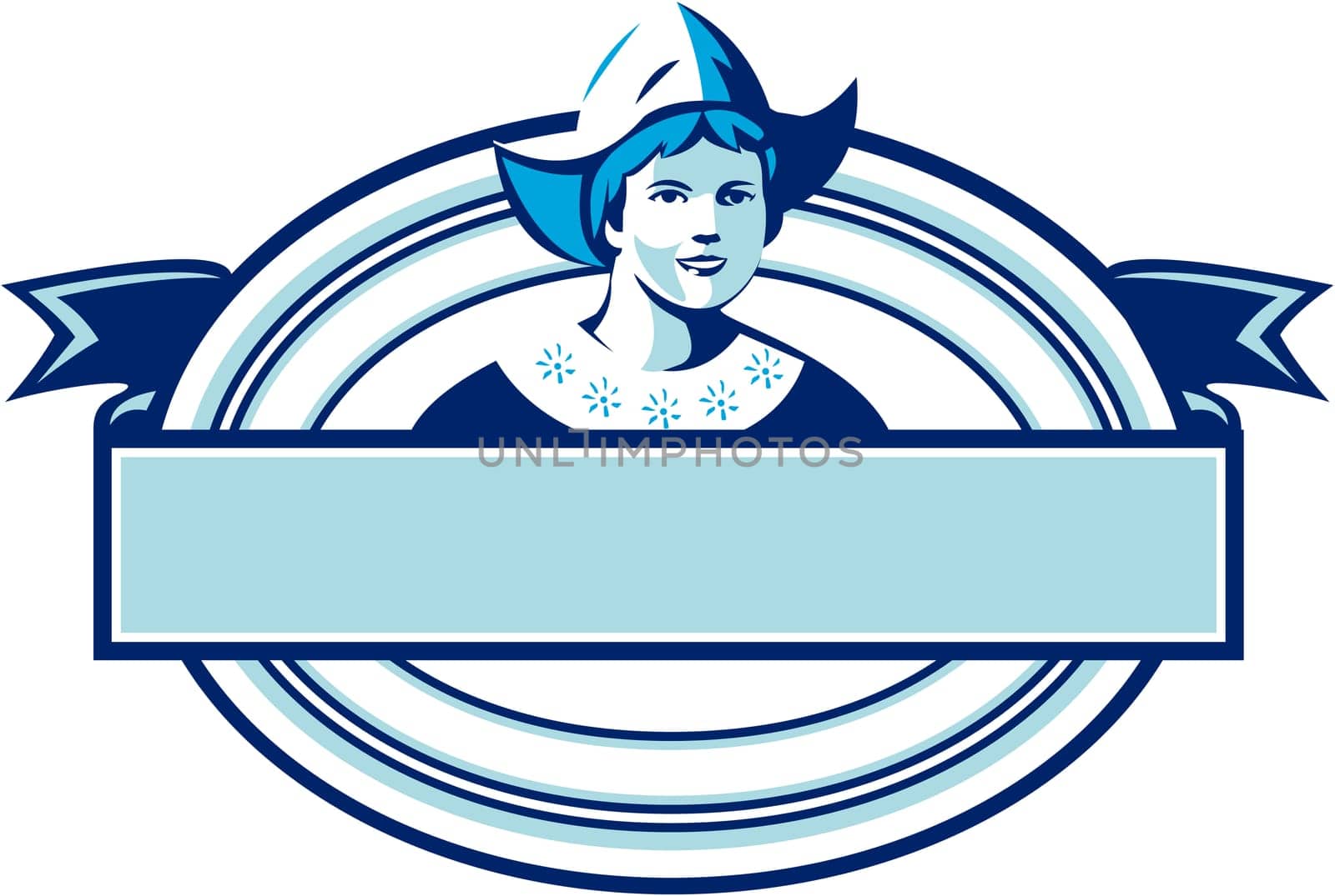 Illustration of a Dutch lady wearing traditional dutch cap or dutch bonnet that resemble a nurse's hat facing front set inside oval shape with ribbon done in retro style.