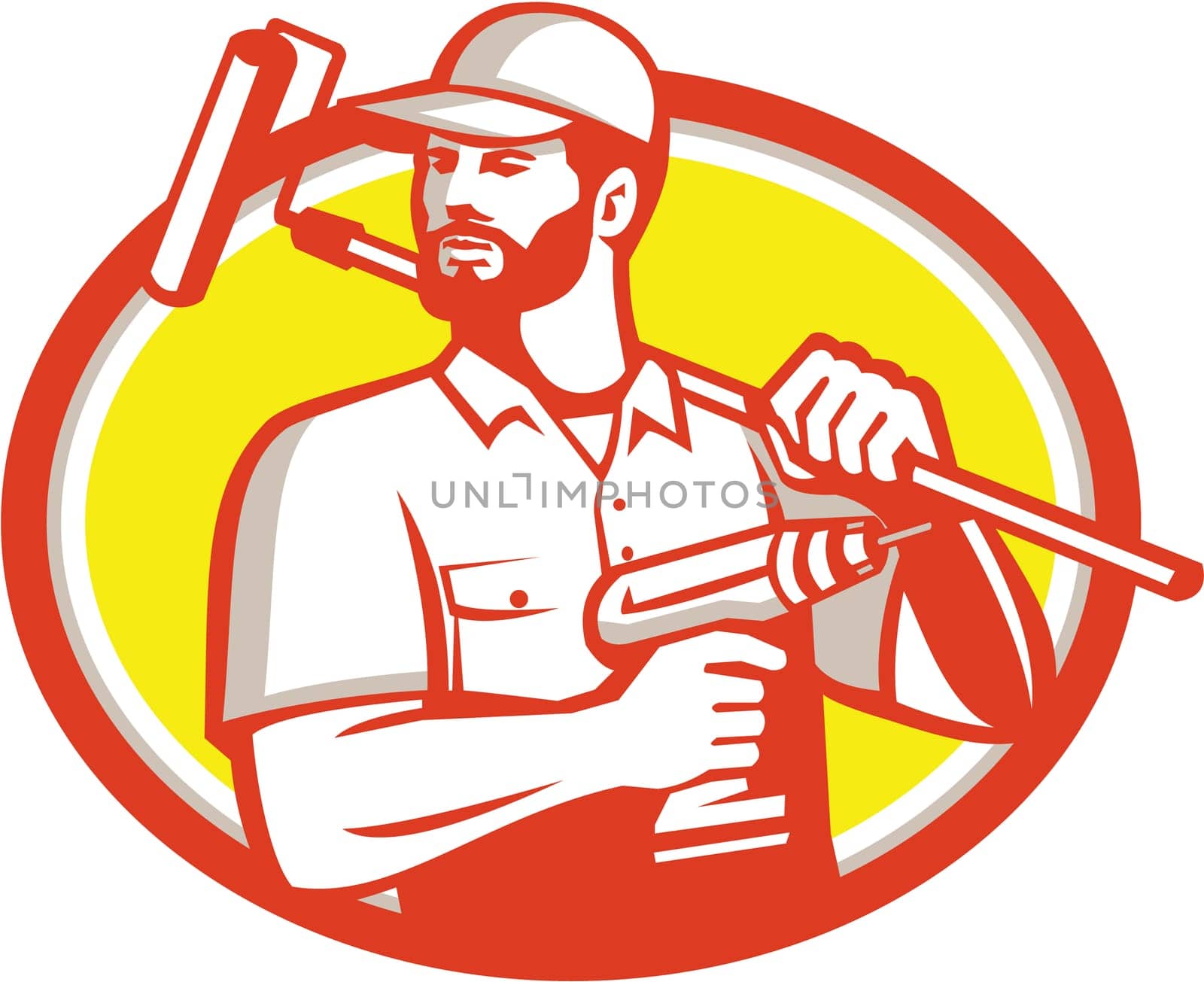 Illustration of a handyman with beard moustache facial hair holding paint roller on shoulder and cordless drill looking to the side set inside oval shape on isolated background done in retro style.