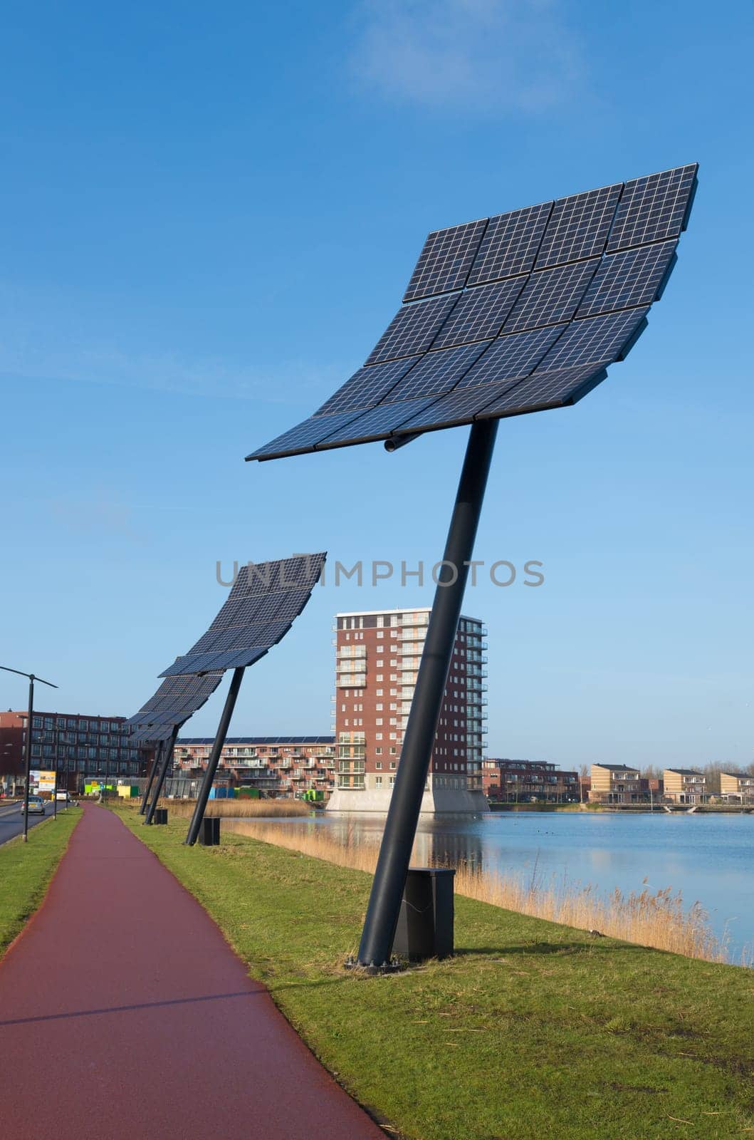 Entrance of Heerhugowaard in the netherlands, the city of the sun. It is the largest energy neutral residential area in the world. It produces as much energy as it consumes using 3.75 megawatt photovoltaic solar panels and 3 wind turbines