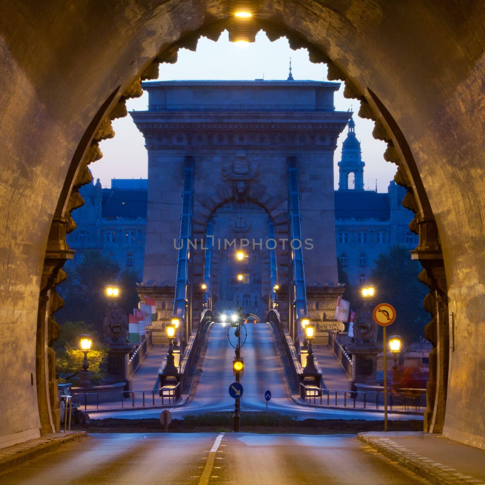 Morning shot of Buda Castle Tunnel and Chain Bridge, Budapest, Hungary