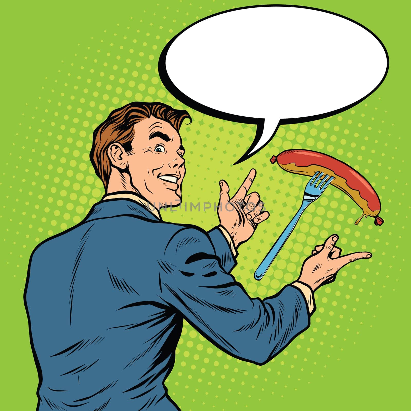 Businessman showing with hands the size of sausages, pop art retro vector illustration. Lunch and food