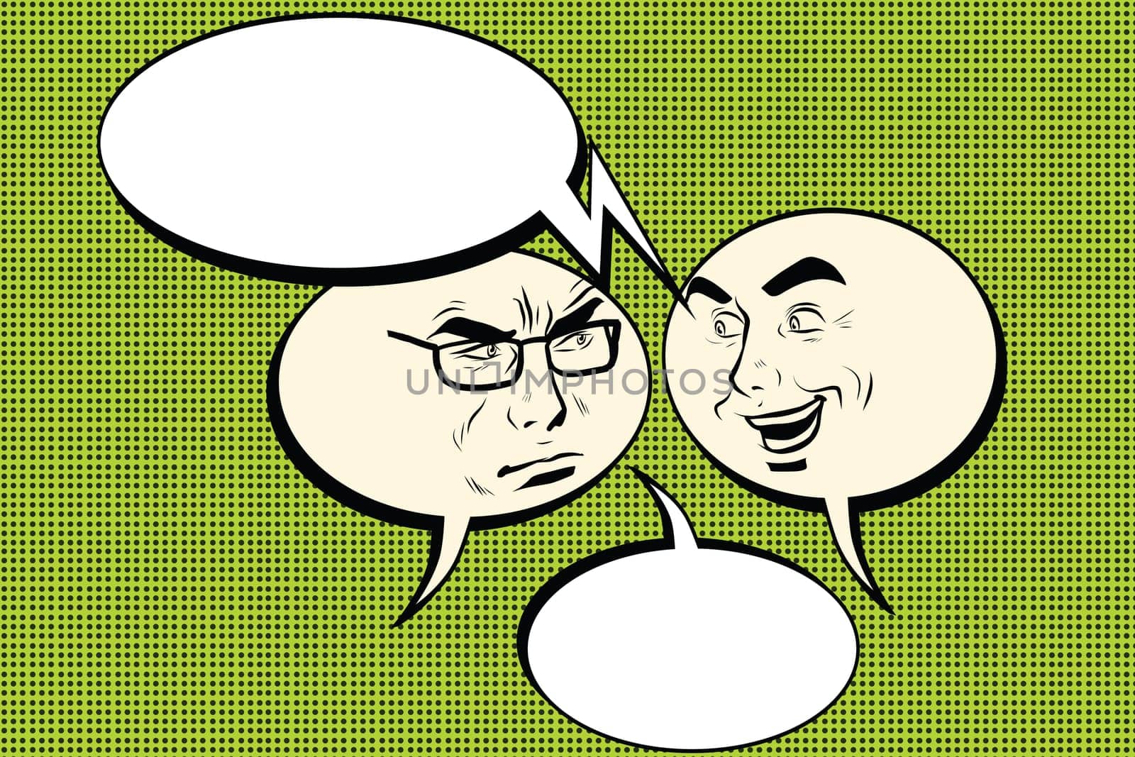 Two men joyful and angry. Comic bubble smiley face, pop art retro vector illustration. Human emotions