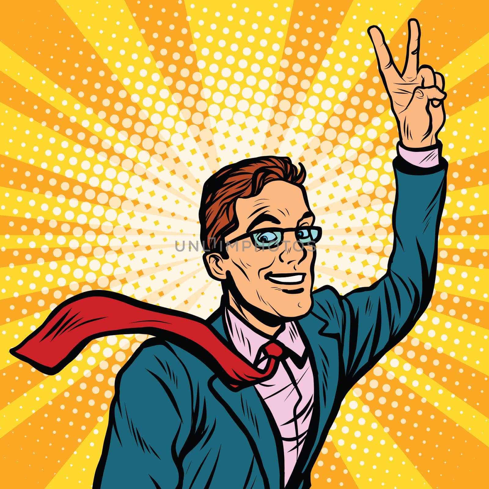 Successful retro businessman a gesture of victory, pop art vector illustration