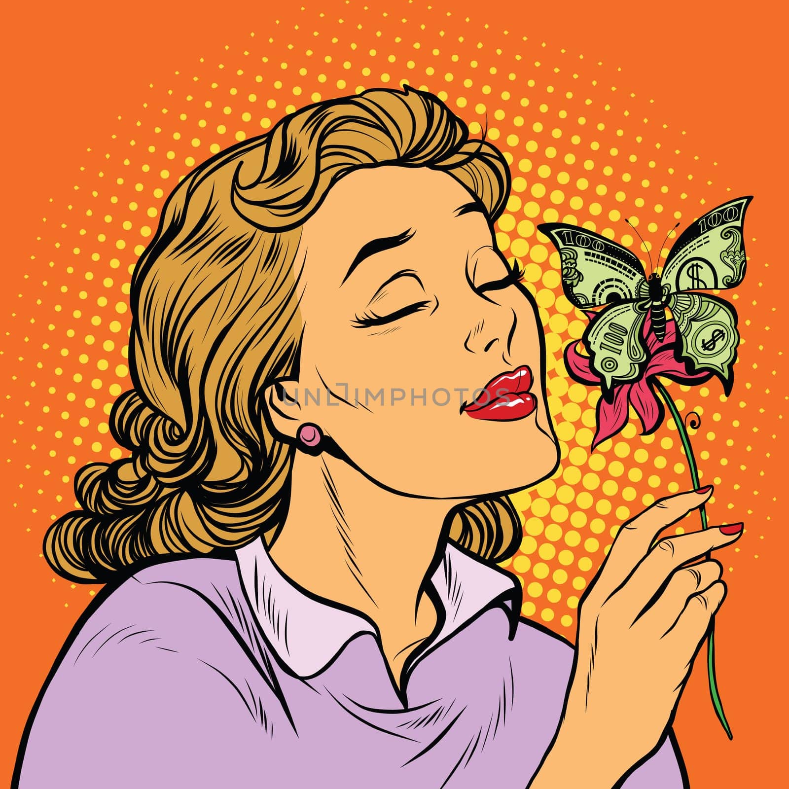 Woman and butterfly money, pop art retro vector illustration. Business and Finance. A great charity