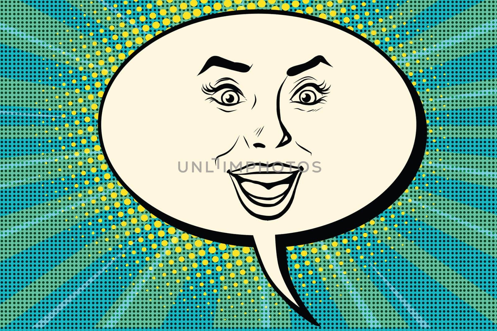 Comic bubble smiley joyful female face, pop art retro vector illustration. Human emotions