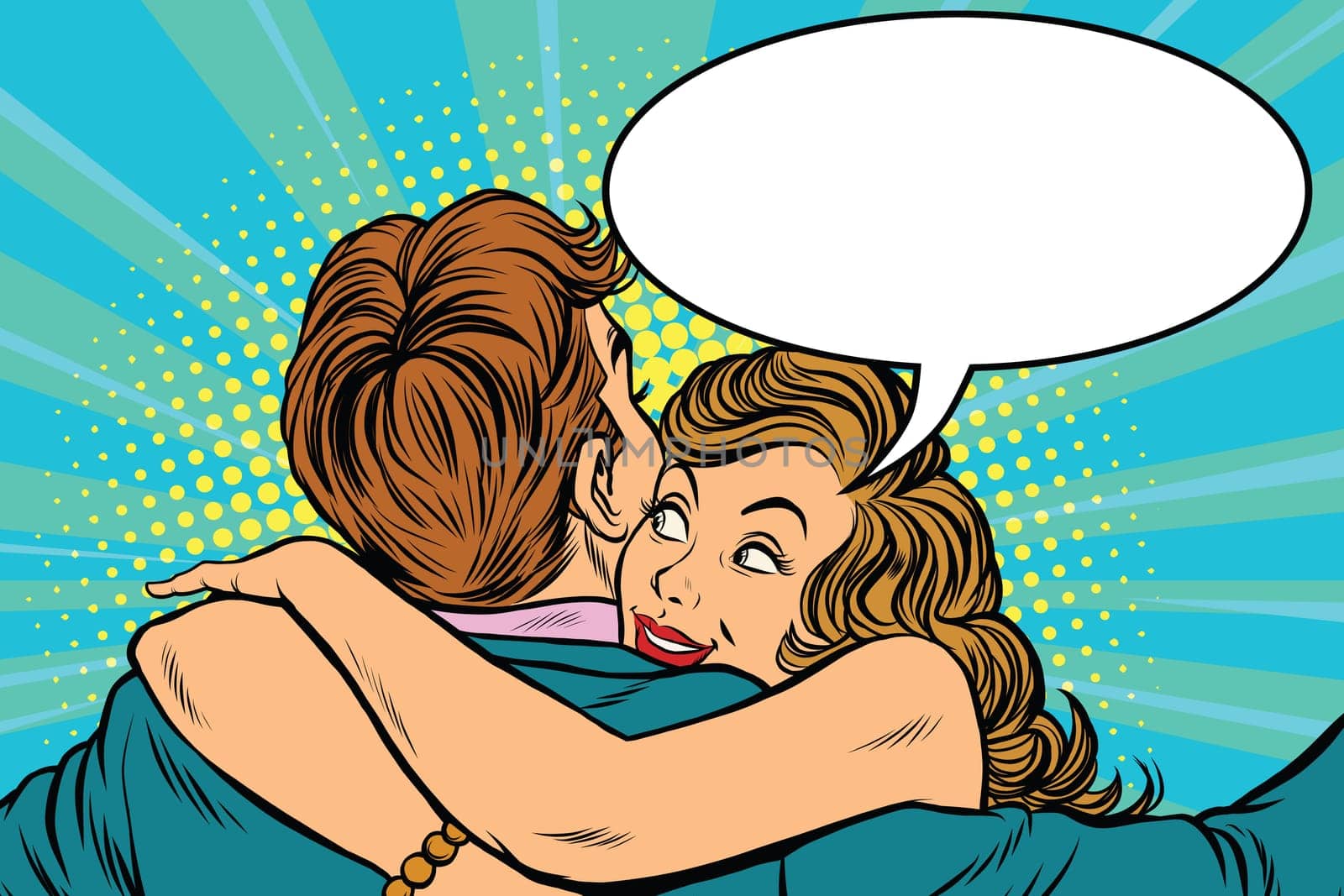 Young woman hugs the man and whispers to him, pop art retro vector illustration