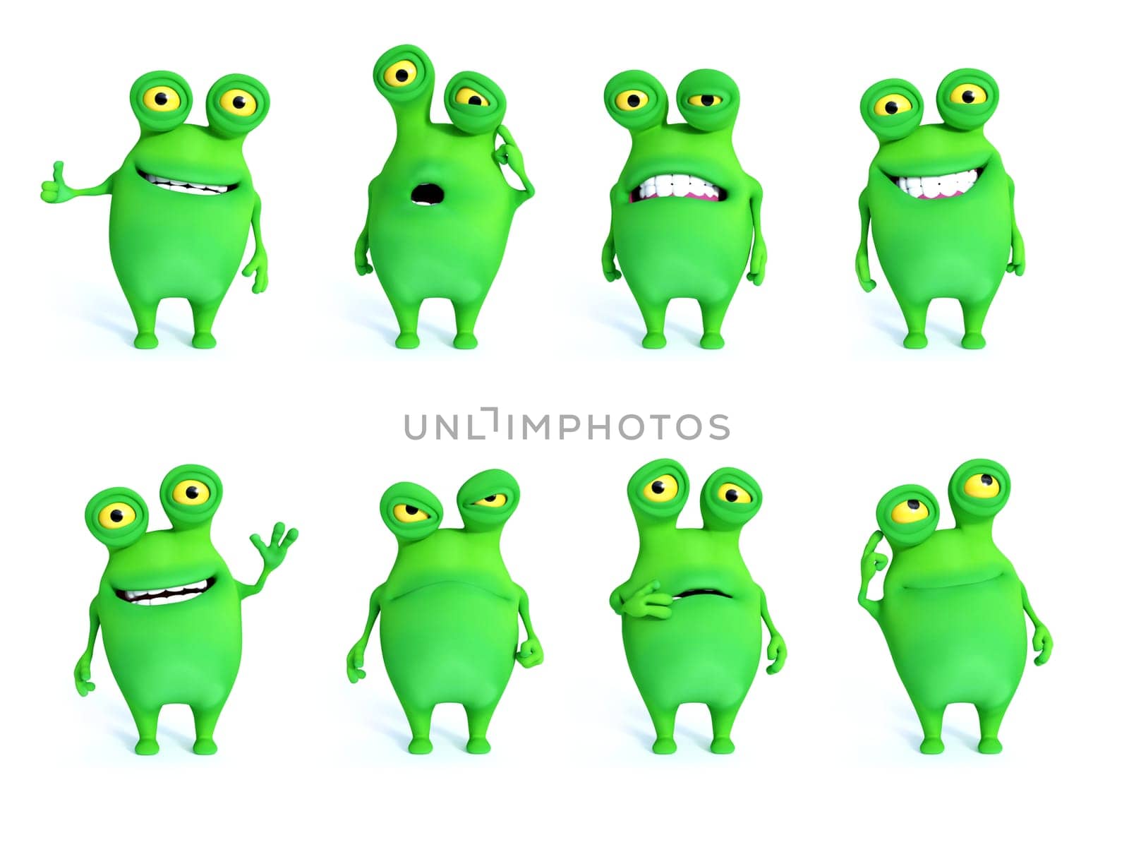 Collection of charming green monsters in different moods and poses, 3D rendering. White background.