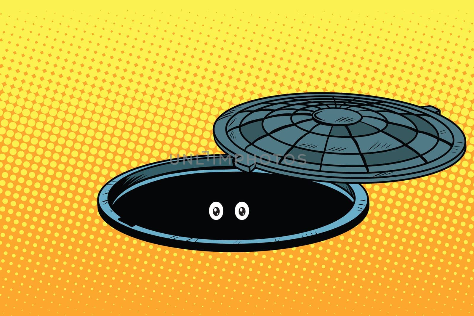 Funny monster in the underground city sewer, pop art retro vector illustration. Eyes in the dark