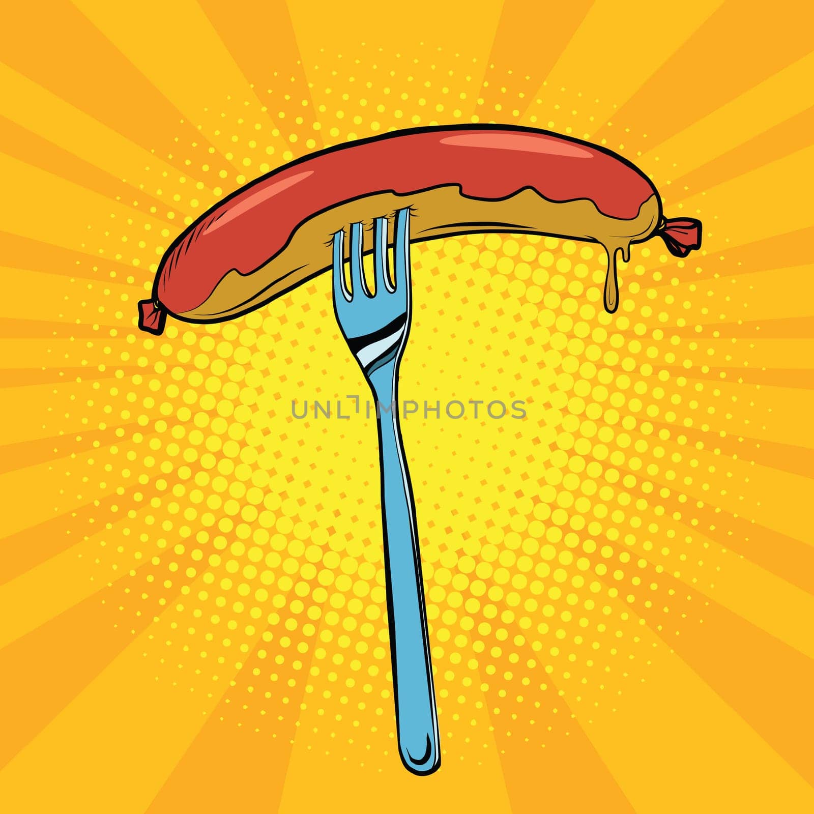 Grilled sausage on a fork, pop art retro vector illustration