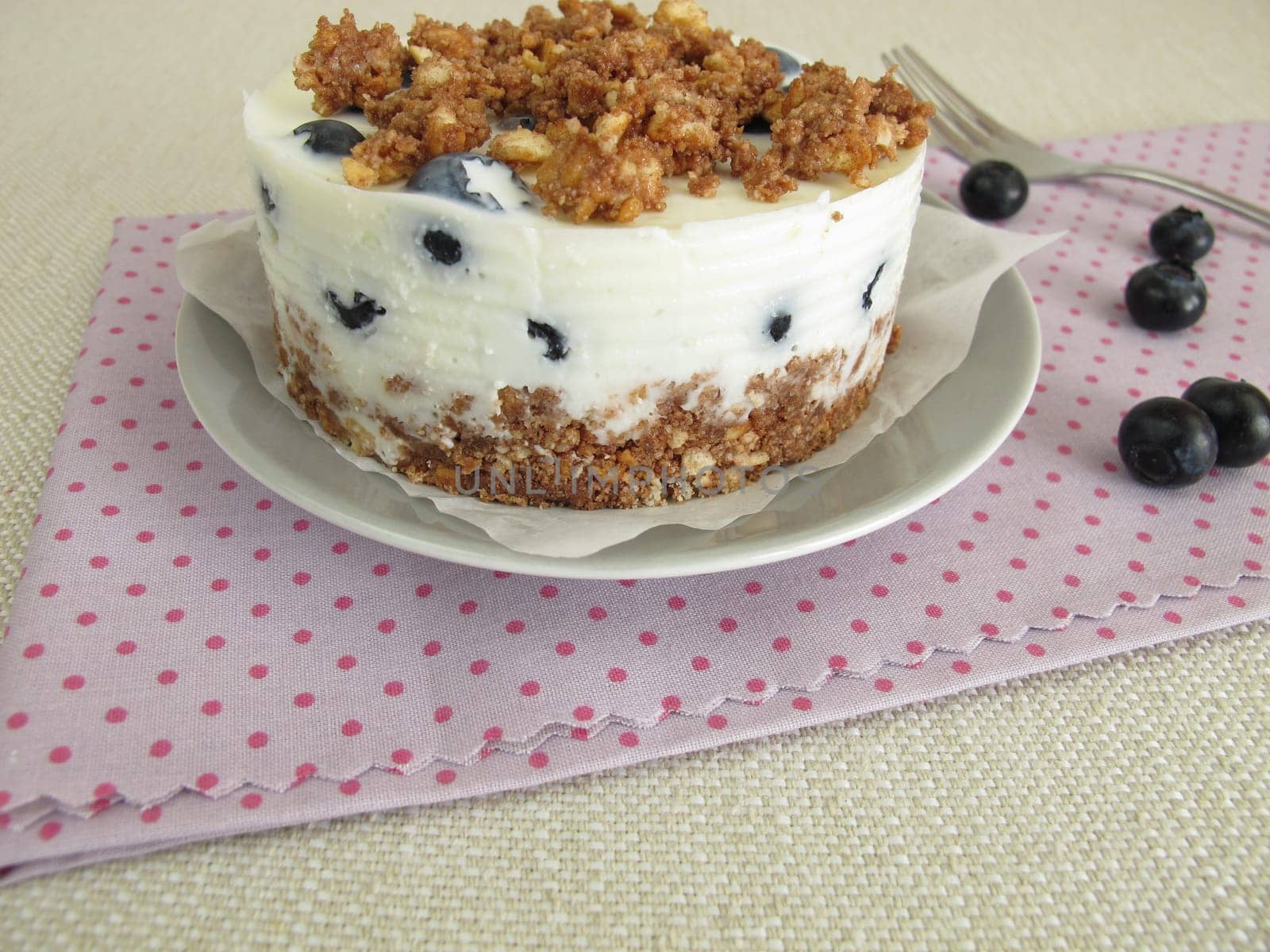 Small blueberry yogurt cake without baking with cookie crumb base,yogurt and sprinkles