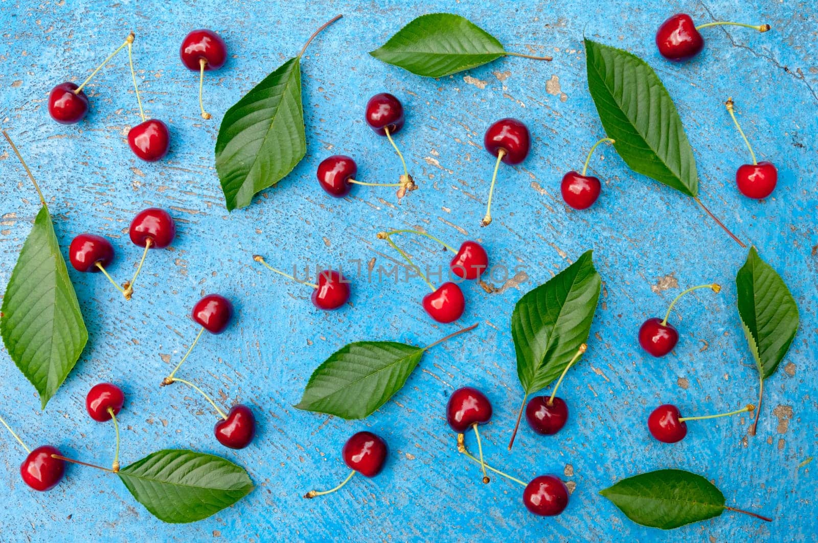 Cherry, cherries with cherry leaves on textured light blue background, top view