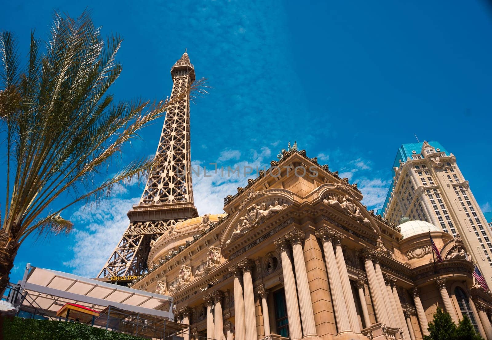 Las Vegas, United States of America - May 05, 2016: Replica Eiffel Tower in Las Vegas with clear blue sky on The Strip, the world famous Las Vegas Boulevard South