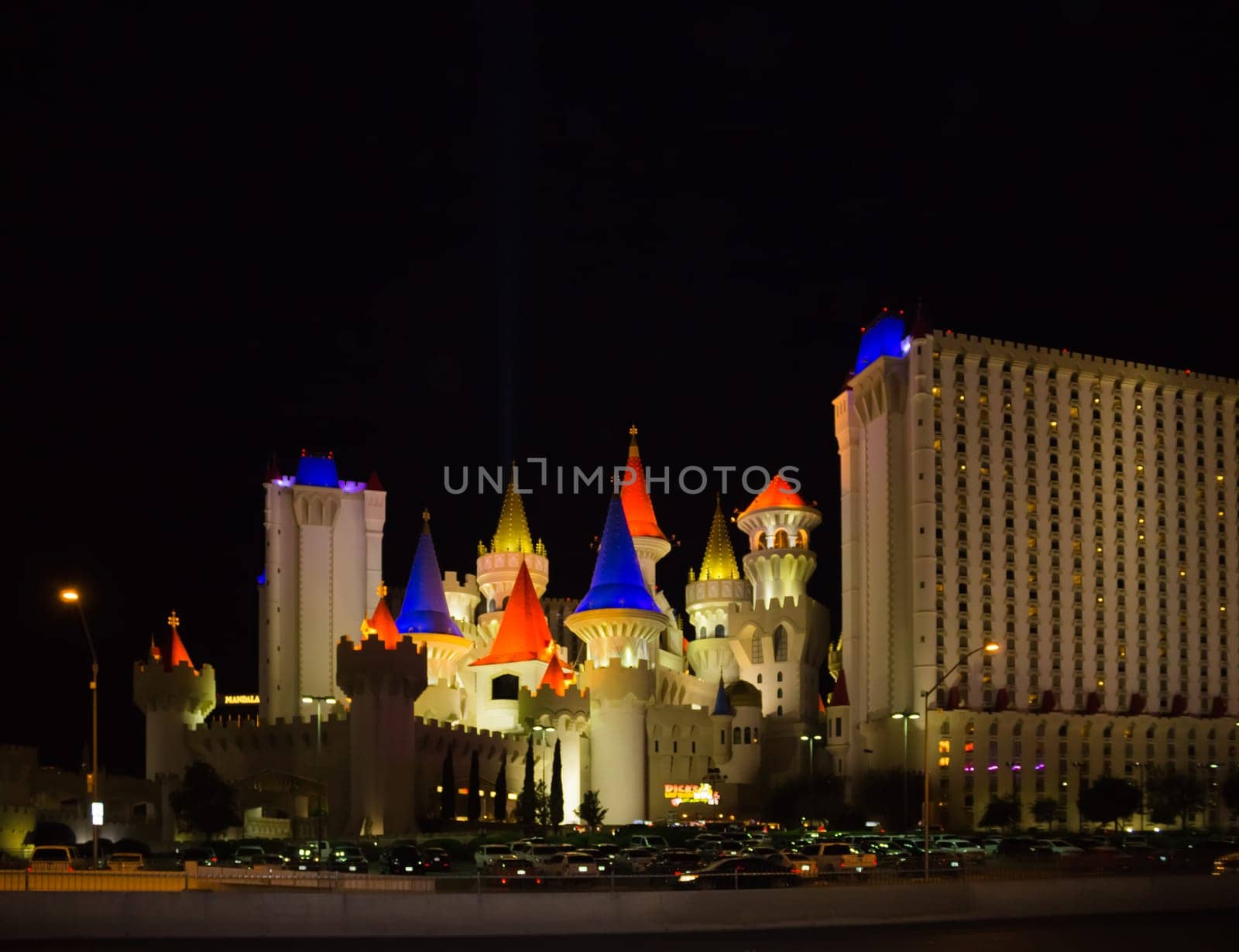 Las Vegas, United States of America - May 05 2016: The Excalibur Hotel and Casino in Las Vegas on May 05 2016 at night. The Hotel was named after King Arthur&#39 s sword and opened in 1990