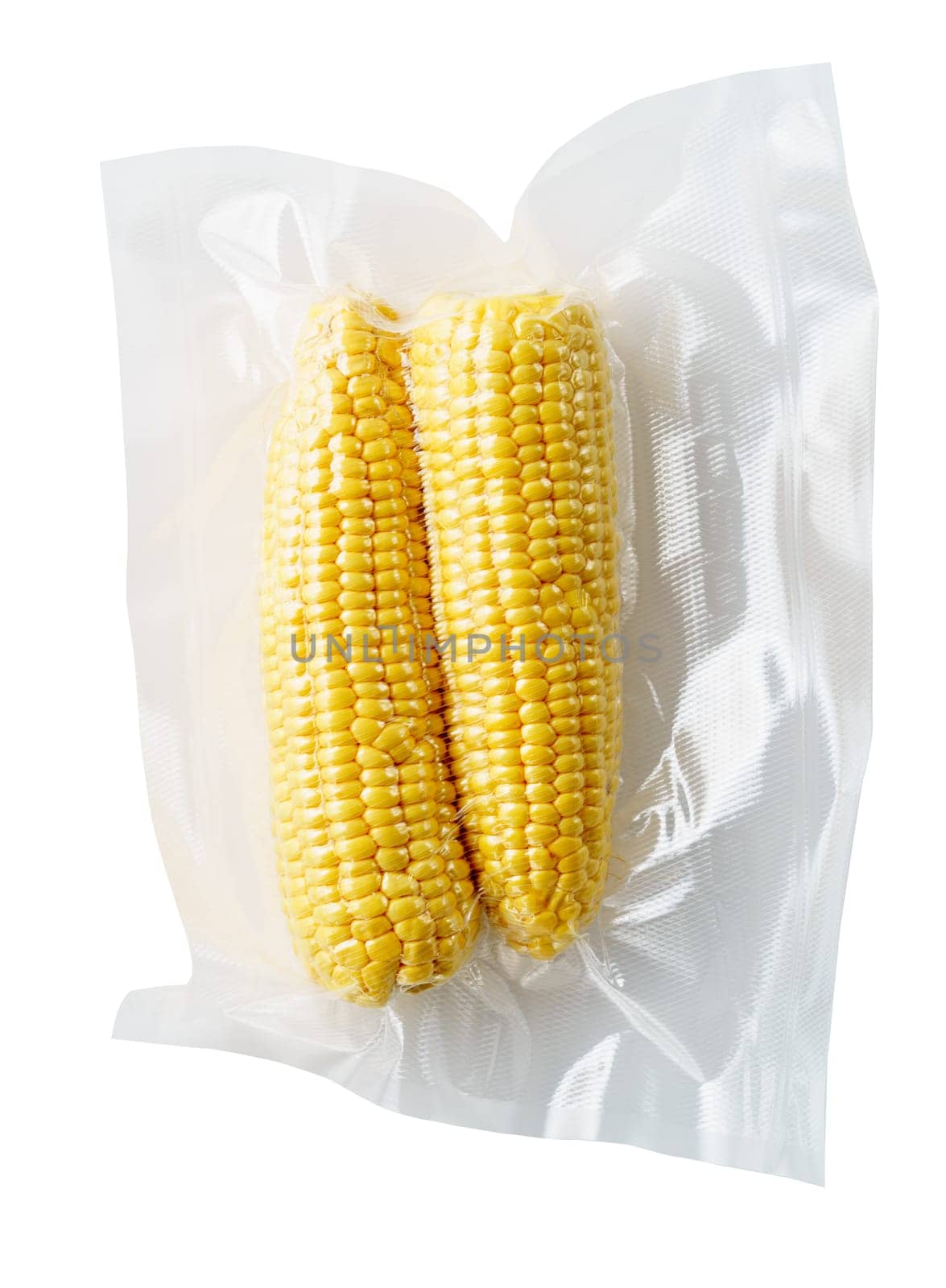 Vacuum sealed fresh corncobs for sous vide cooking cutout on white