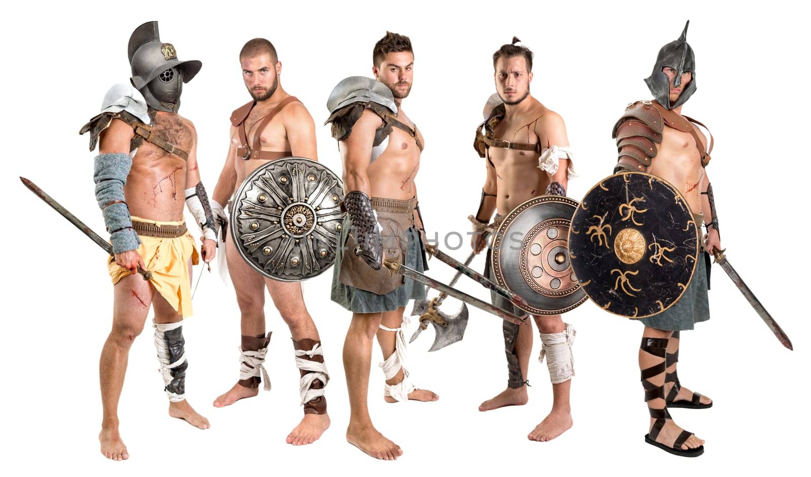Group of gladiators posing isolated in white