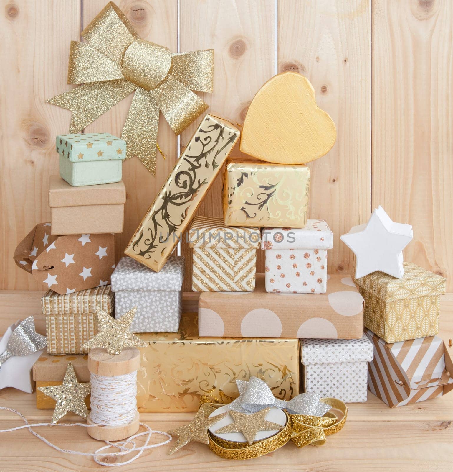 Small gifts for Christmas on rustic wood