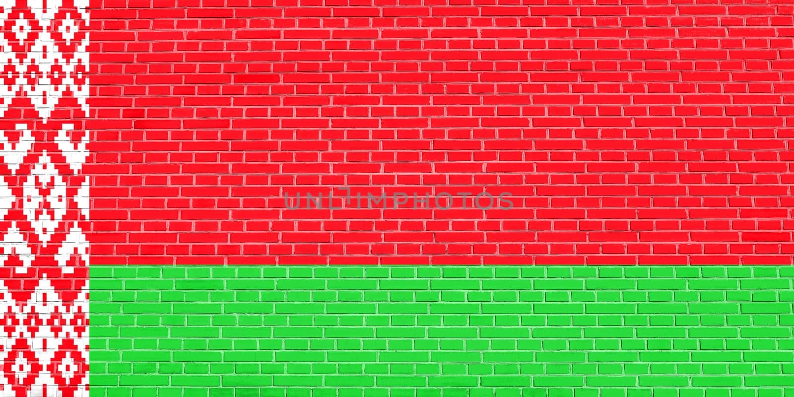 Belarusian national official flag. Patriotic symbol, banner, element, background. Flag of Belarus on brick wall texture background