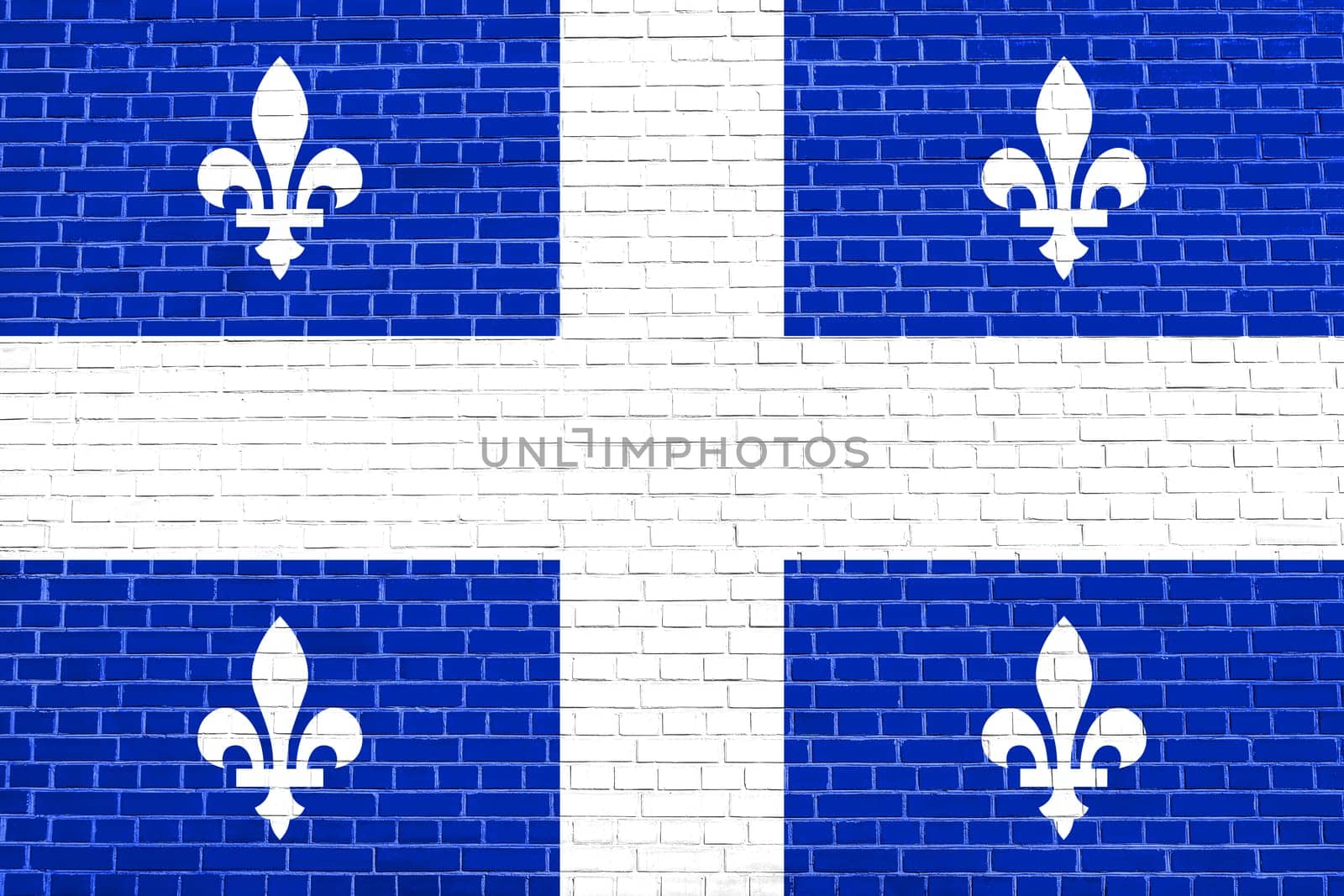 Canadian provincial flag, QC patriotic element and official symbol. Canada Quebec banner and background. Flag of the Canadian province of Quebec on brick wall texture background