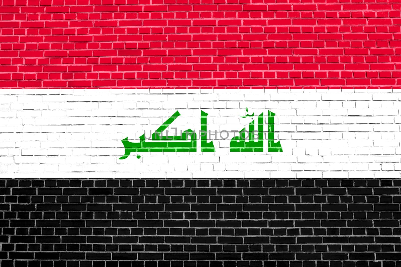 Iraqi national official flag. Irak patriotic symbol, element, background. Iraki banner. Flag of Iraq on brick wall texture background
