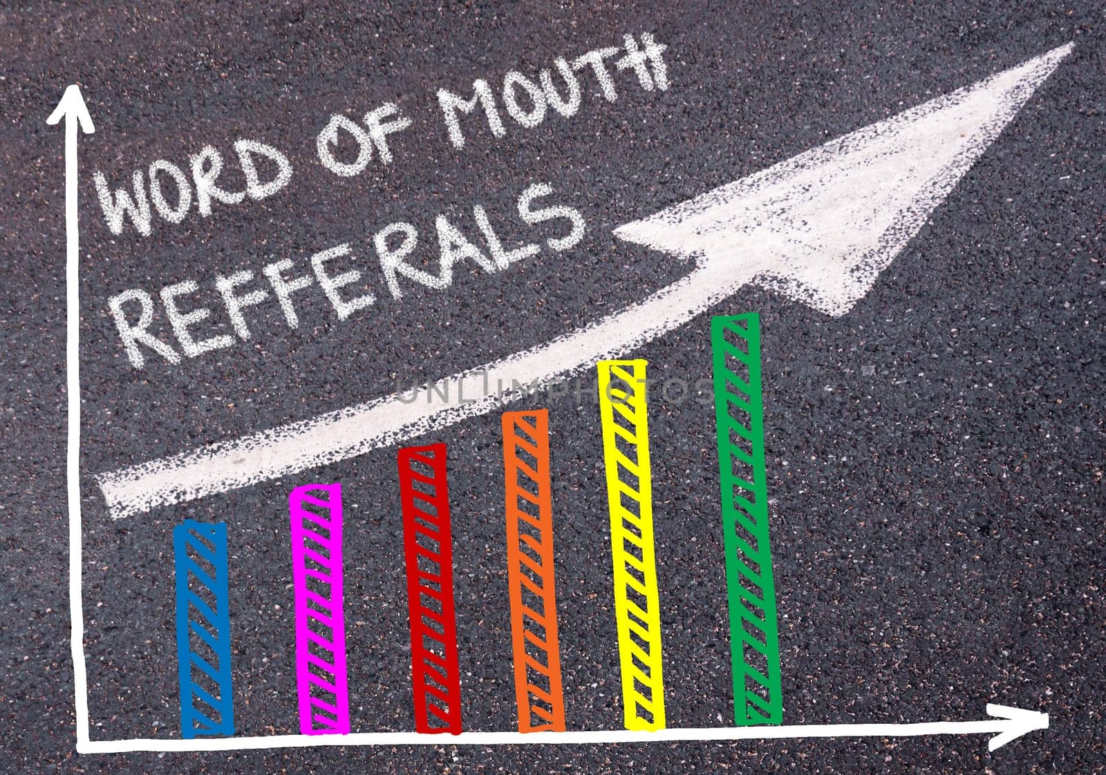 Word Of Mouth Refferals written with chalk on tarmac over colorful graph and rising arrow, business marketing and creativity concept