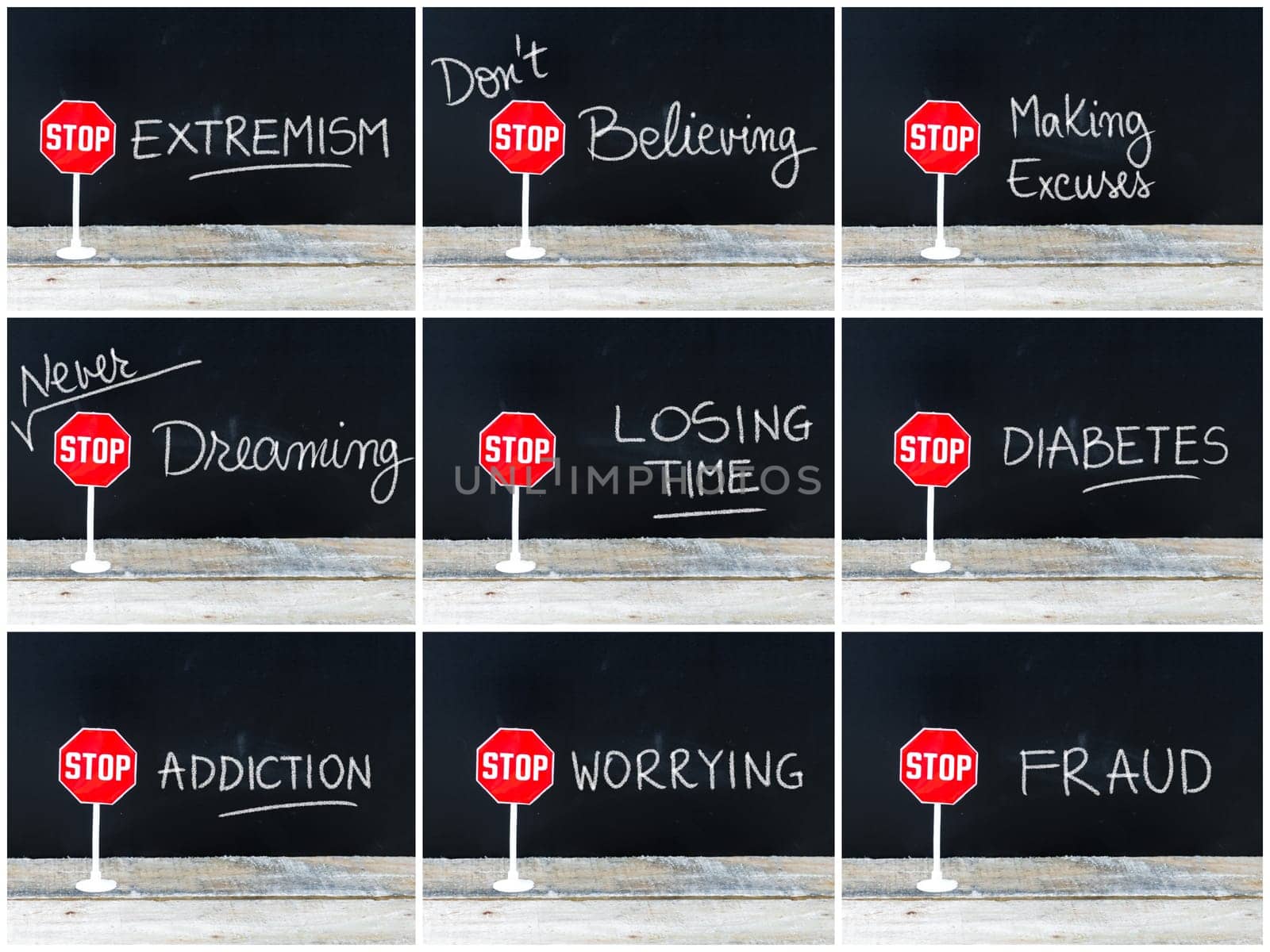 Photo collage of STOP messages written on chalkboard. Mini STOP sign over chalkboard background and table, concept images