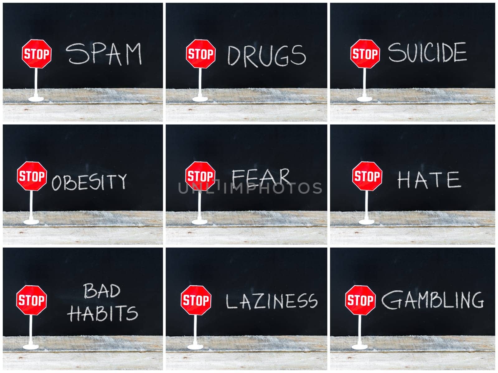 Photo collage of STOP messages written on chalkboard. Mini STOP sign over chalkboard background and table, concept images