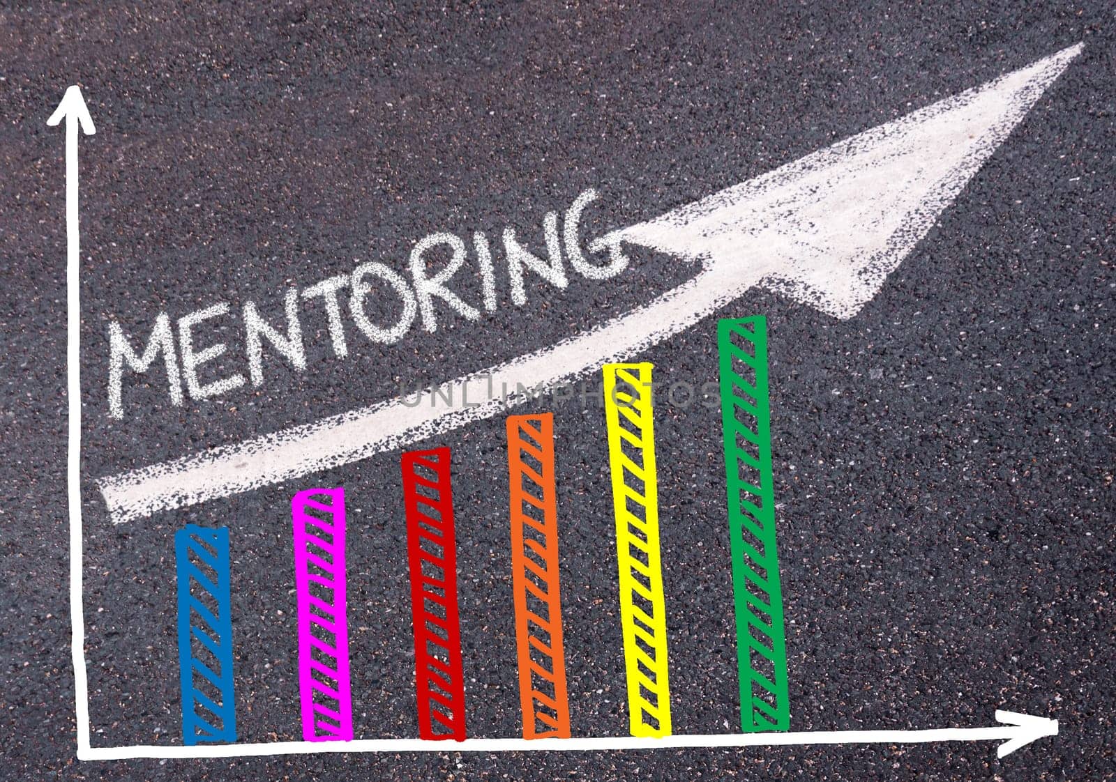 MENTORING written with chalk on tarmac over colorful graph and rising arrow, business marketing and creativity concept