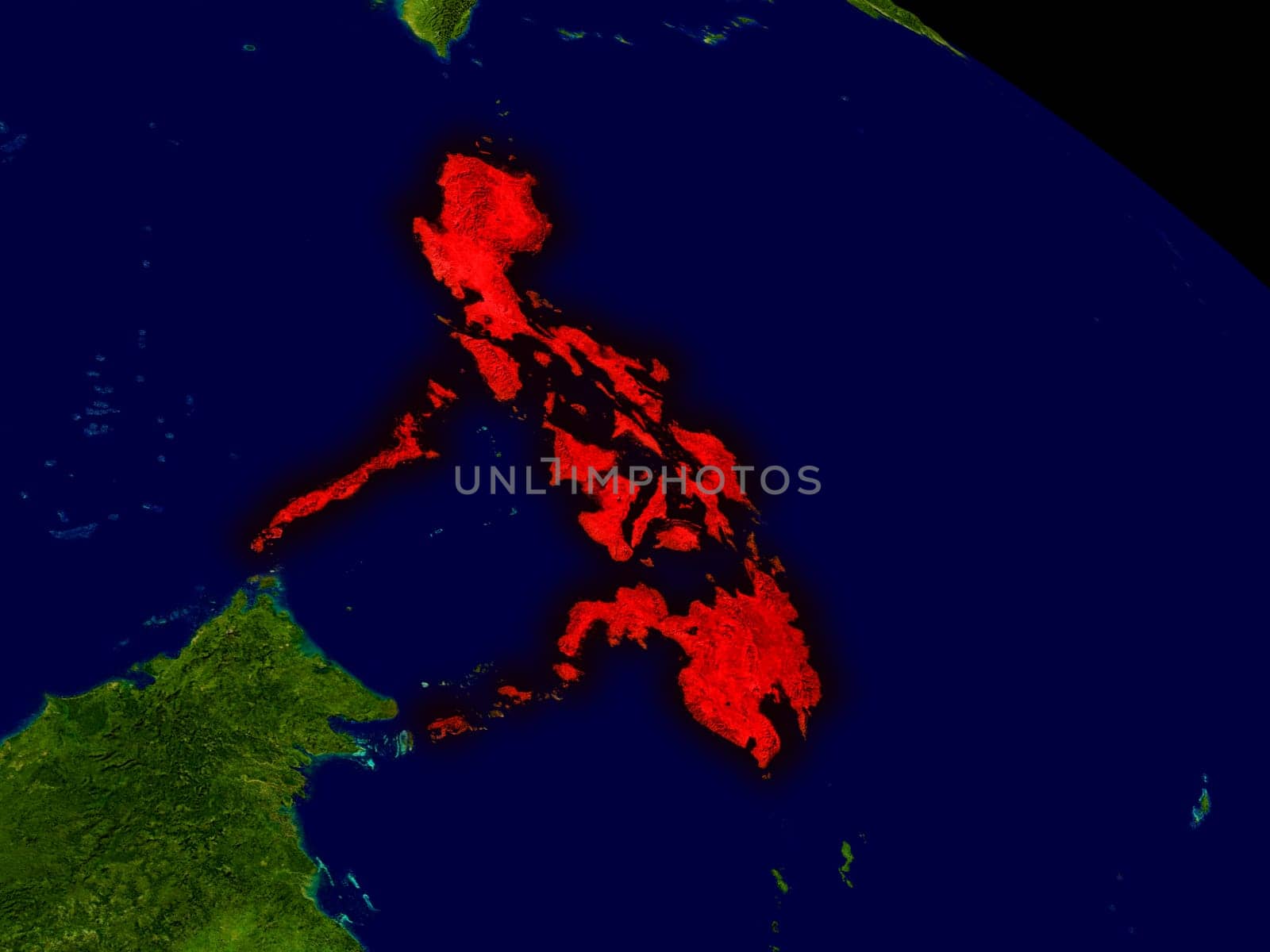 Philippines from space in red. 3D illustration with highly detailed realistic planet surface. Elements of this image furnished by NASA.