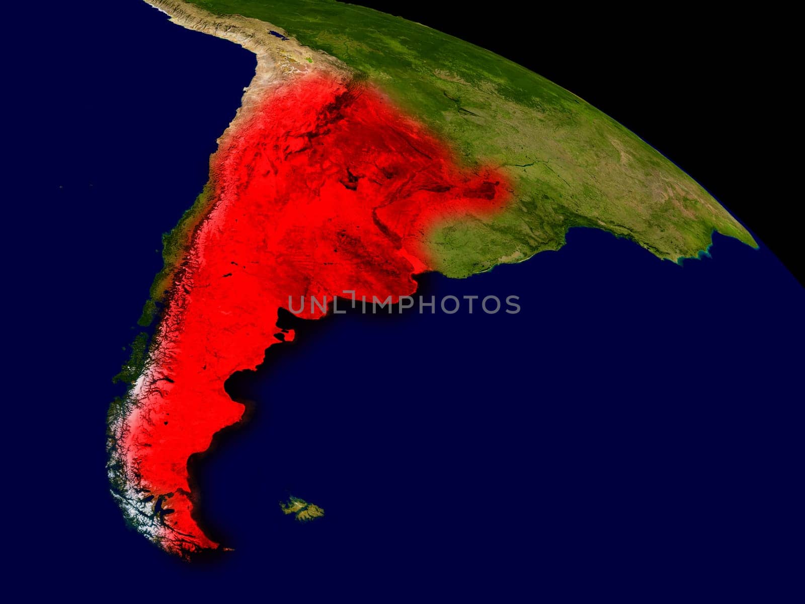 Argentina from space in red. 3D illustration with highly detailed realistic planet surface. Elements of this image furnished by NASA.